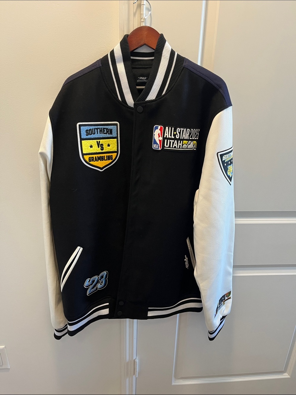 Black & White Varsity Bomber Jacket with Patch Details